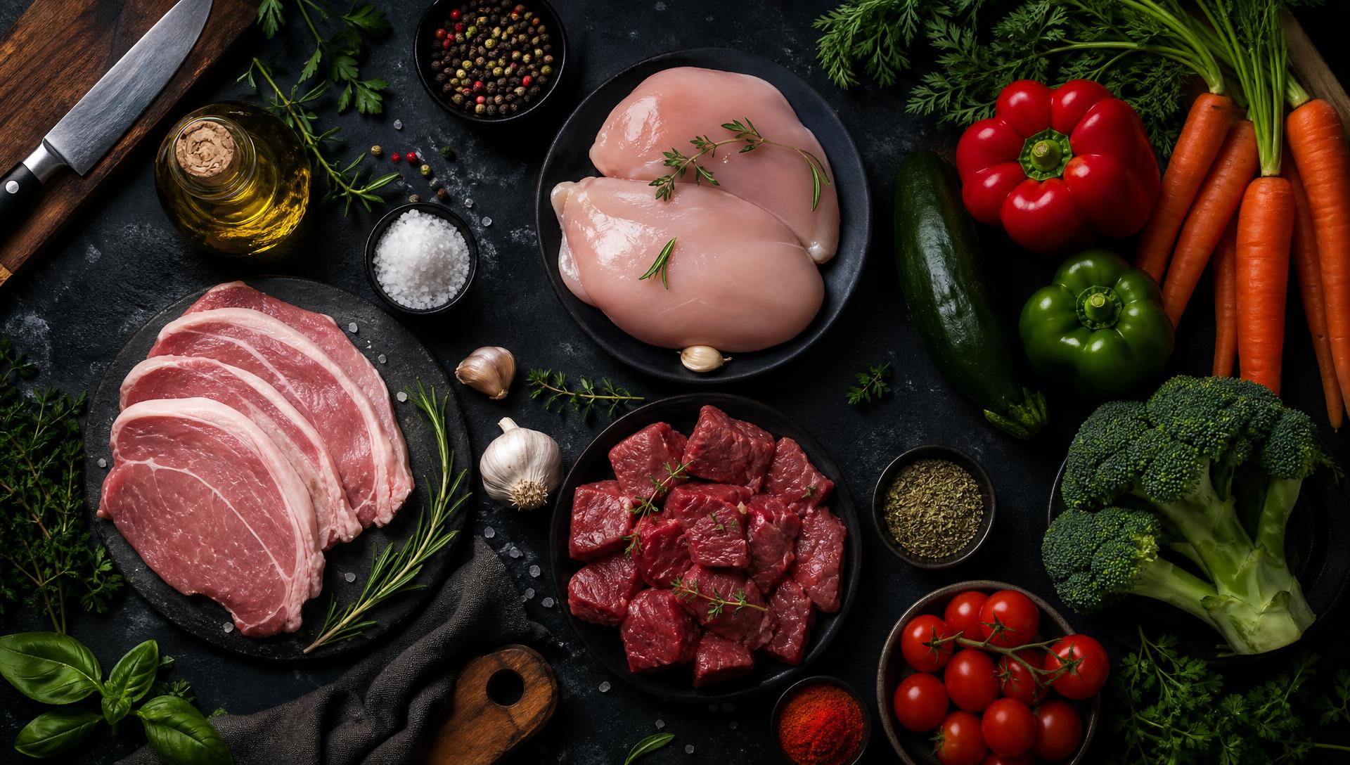 Mesa de preparación con vegetales frescos y cortes de carne listos para cocinar